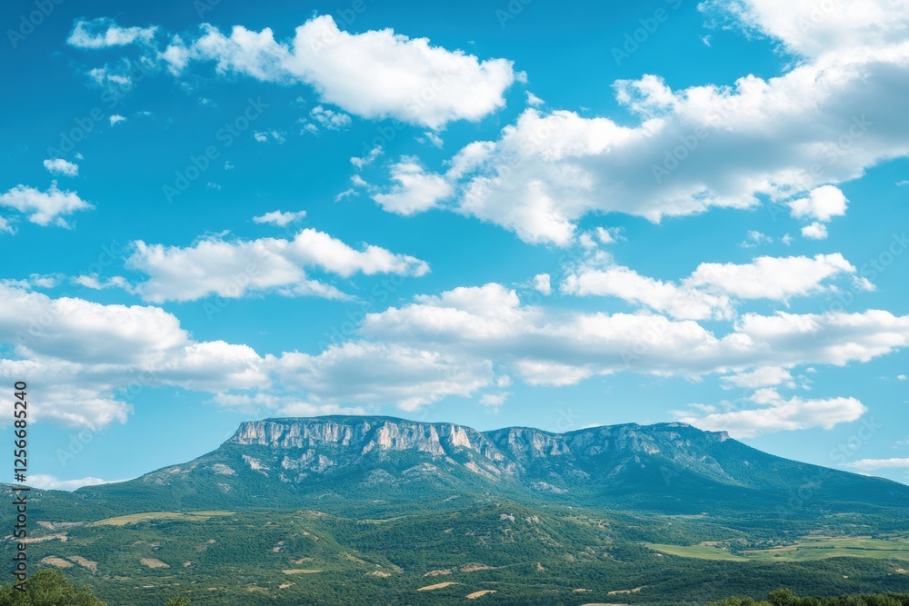 Aufkleber Majestic mountain range beneath soft clouds in blue sky with space for your creative message. Generative AI