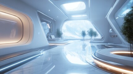 Futuristic lounge spaceship interior, mountain view, relaxation