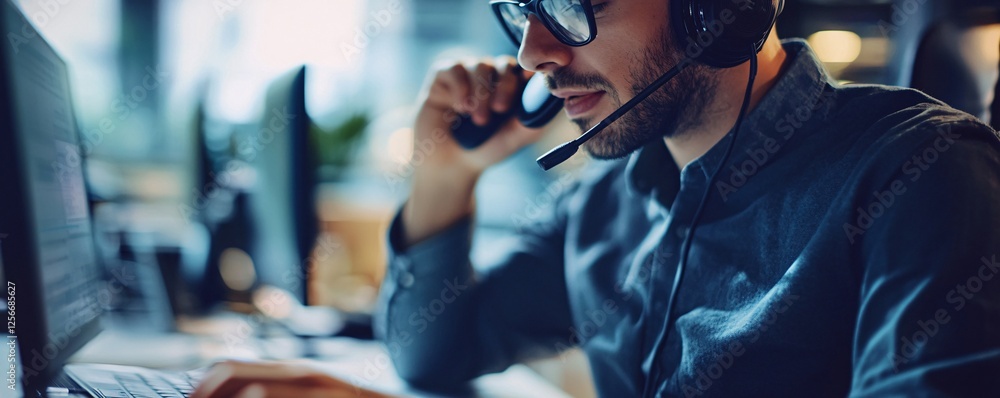 Poster Customer service agent working in busy call center office