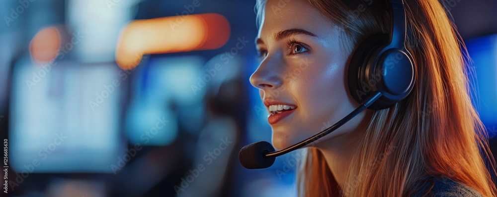 Poster young woman is working late using headset and microphone in busy office