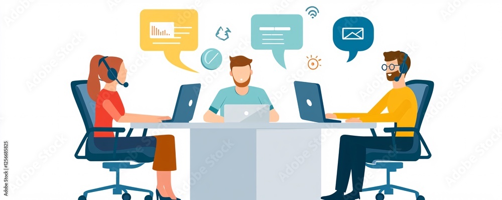 Poster Office workers using computers and headsets for communication with clients
