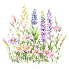 spring flowers bouquet, Wild flowers - watercolor painting - generative AI Generative AI