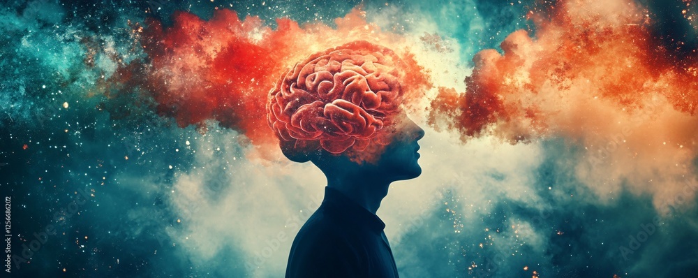 Poster Man experiencing cosmic consciousness with brain merging into universe
