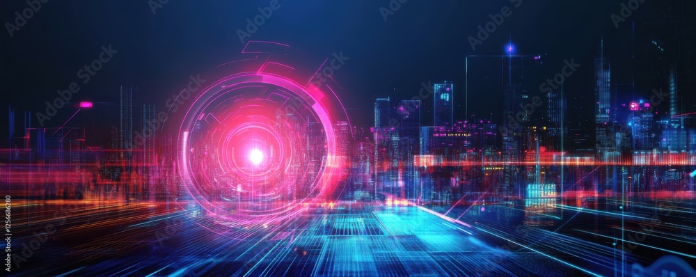 Poster futuristic digital cityscape with neon lights and abstract tech elements
