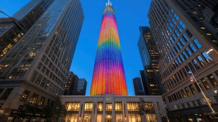 Obraz premium Light show celebration at iconic skyscraper city center photography urban environment evening view pride concept