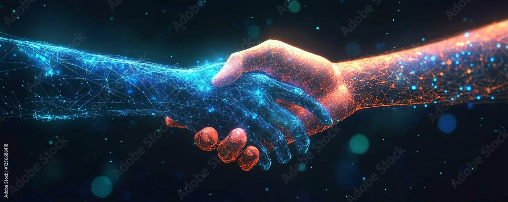 Aufkleber Human and artificial intelligence shaking hands in a global network connection