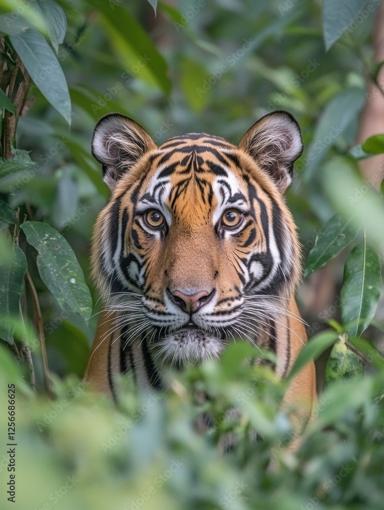 Poster majestic tiger portrait with an intense gaze amidst lush greenery in a natural habitat. generative a