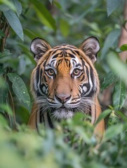 Fototapeta premium Majestic tiger portrait with an intense gaze amidst lush greenery in a natural habitat. Generative AI