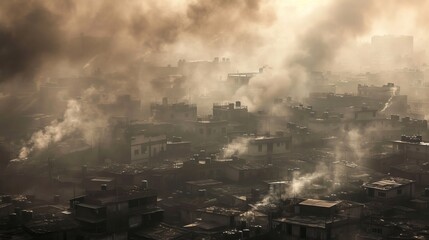 A densely packed urban area covered in thick smog, highlighting themes of pollution, industrialization, and environmental impact under muted lighting. AI generated.
