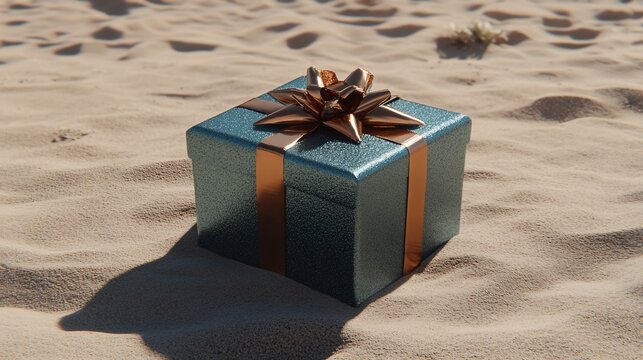Teal gift box with copper ribbon bow sits on sandy beach.