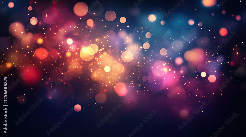 Poster abstract festive background with colorful bokeh lights and sparkling dust