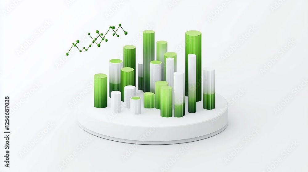 Poster 3d green and white bar chart on a white platform with a small line graph.