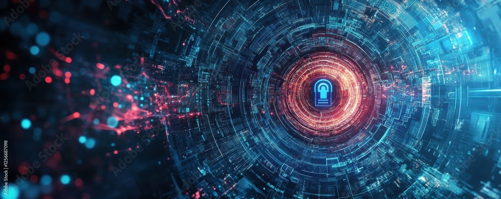 Poster futuristic digital interface with centralized security lock symbol in virtual data tunnel