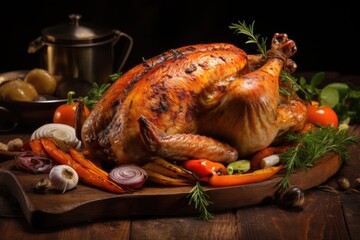 Roasted chicken and veggies on wooden table brown backdrop
