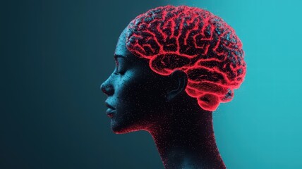 Obraz premium A striking depiction of a human head with a glowing, red brain, symbolizing intelligence and creativity against a blue-green background.
