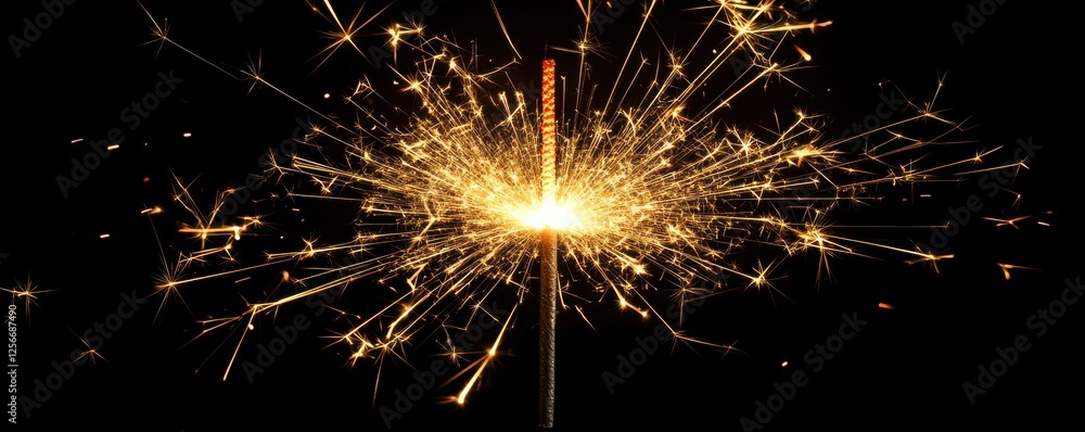 Poster bright sparkler exploding in dark background with golden sparks
