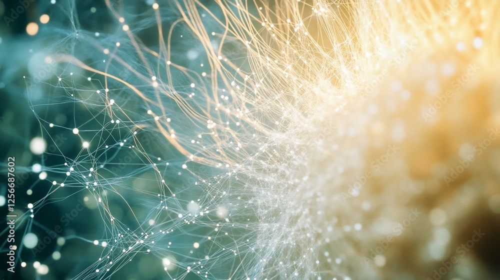 Poster abstract glowing network with interconnected nodes and lines, teal and gold hues.