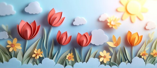 Paper tulips sunny spring meadow scene