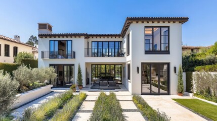 Modern house, backyard garden, sunny day, California, real estate