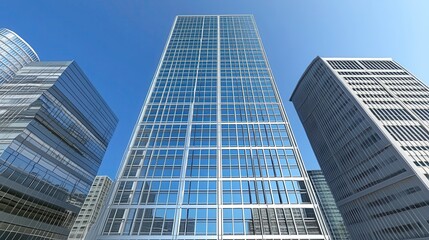 Obraz premium Modern skyscrapers reaching for the sky in urban city architectural photography clear blue sky vertical view