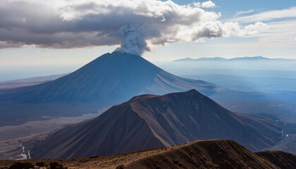 Fototapeta premium Volcanic eruption with smoke rising against a scenic mountain backdrop