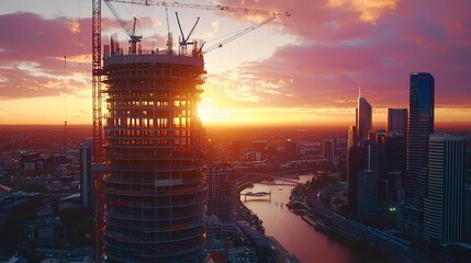 Sunset cityscape with skyscraper under construction.