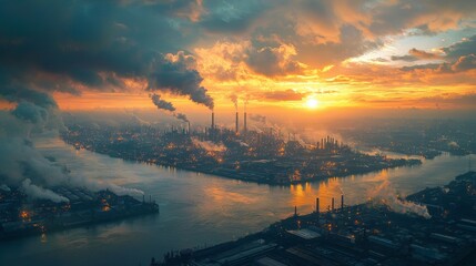 Industrial Landscape at Sunset with Smoky Skies