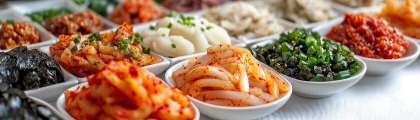 Discover a vibrant culinary experience with this close-up photograph showcasing assorted Korean side dishes artfully arranged on a pristine white tablecloth Immerse yourself in the colorful and