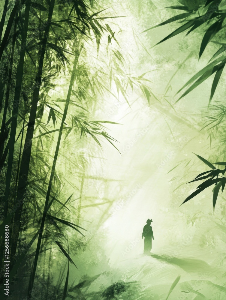 Poster panda in a serene bamboo forest surrounded by lush greenery, providing a tranquil atmosphere for the