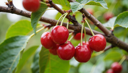 Fresh cherries hanging on tree branch