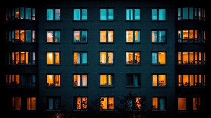 Evening illumination of apartment windows urban setting photography nighttime atmosphere aerial perspective city life