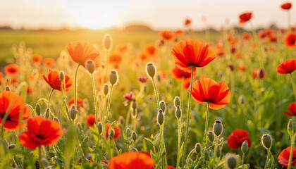 Fototapeta premium Vibrant red poppy flowers blooming in golden sunlight