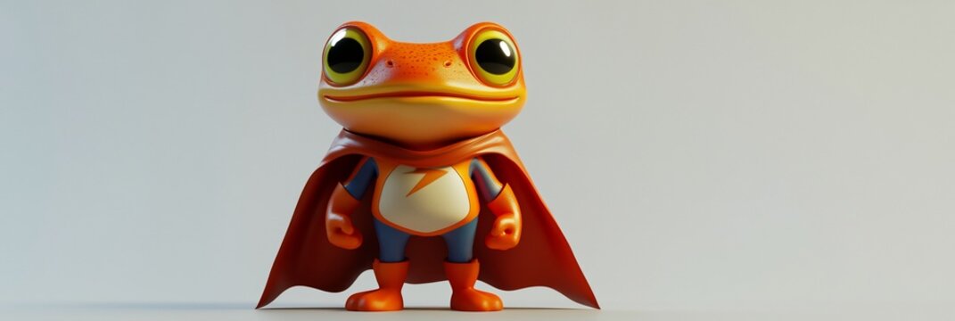 Cute orange frog superhero in a red cape.