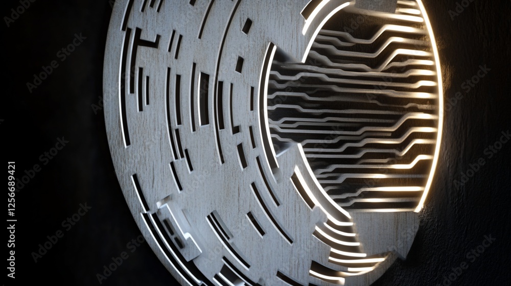 Poster abstract circular design with illuminated lines and patterns, resembling a futuristic circuit board 