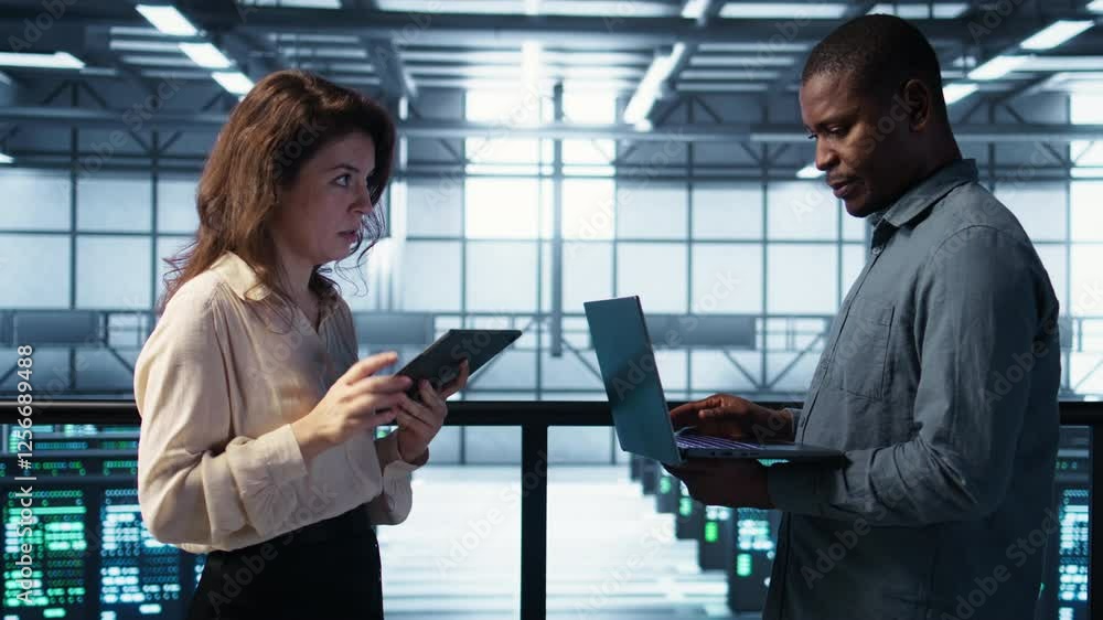 Poster portrait of happy system administrators in data center using devices, verifying firewall configurati