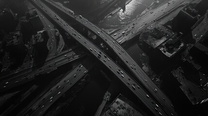 Urban Highway Interchange, Traffic Flow, Cityscape, Aerial View, Abstract, Monochrome, Transportation, Background