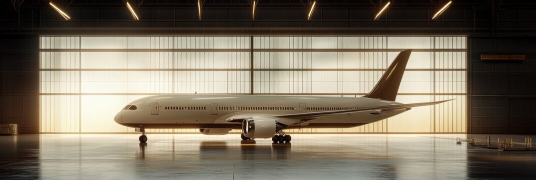 Modern airplane parked inside a spacious hangar with natural light streaming through large doors. Generative AI