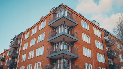 Fototapeta premium Exploring modern residential architecture stylish brick apartments in urban environment aesthetic photography perspective