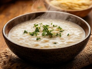 Rice porridge in a bowl. Featuring a steaming bowl of rice porridge. Highlighting comfort and nourishment. Ideal for culinary and comfort food visuals.