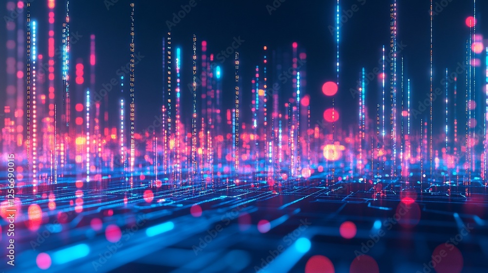 Poster abstract digital landscape with glowing lines and particles. (1)