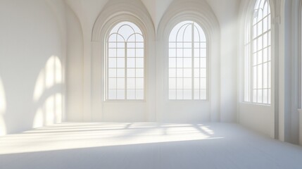 Sunlit minimalist white room with arched windows.