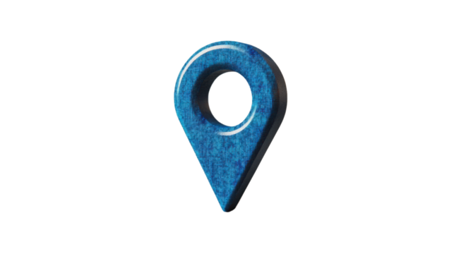 Blue location pin pointing exact global position on a transparent background