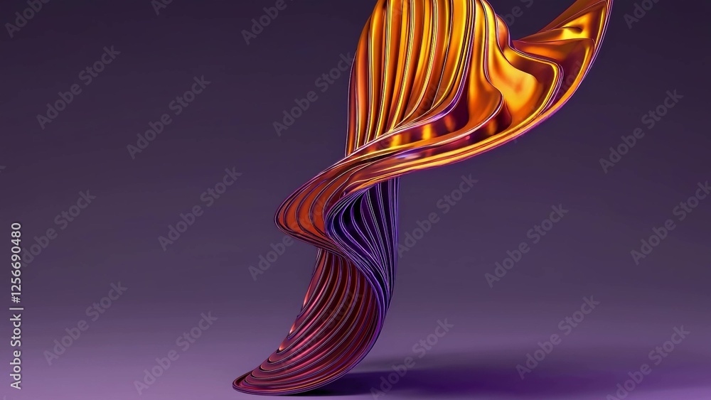 Poster smooth elegant metallic golden and purple ribbon swirling and flowing on gradient background, creati