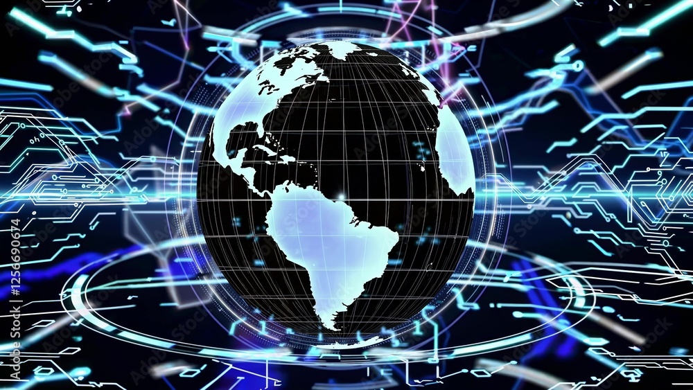 Poster futuristic digital data streams flow around a rotating planet earth, symbolizing global communicatio
