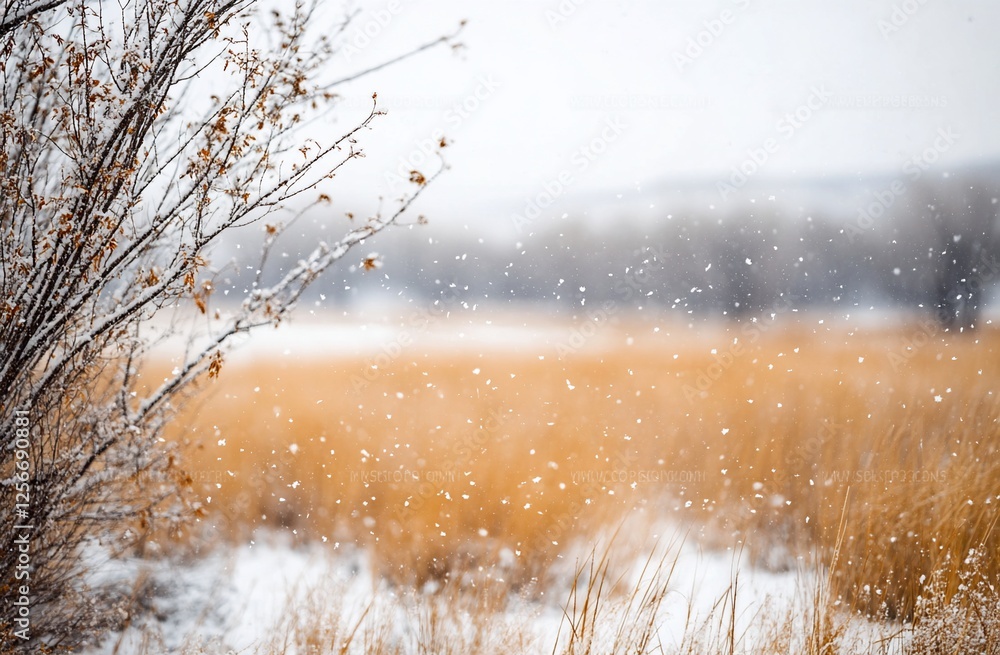 Poster snowy field with bare branches and falling snow.