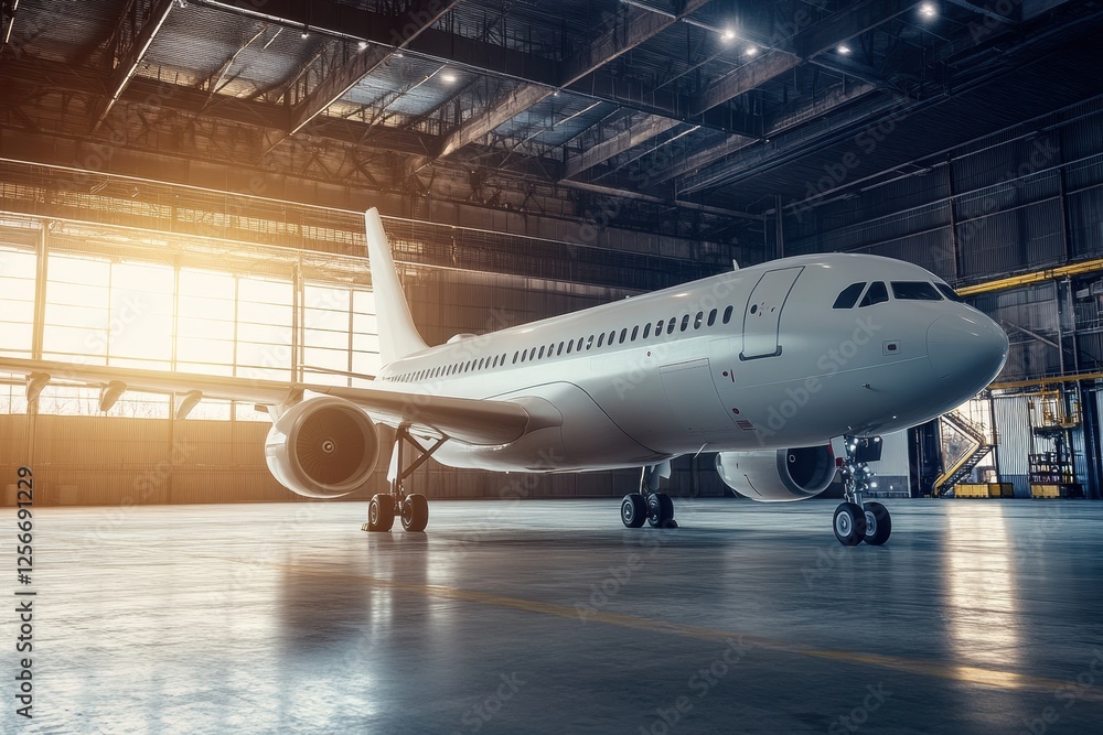 Fototapete Modern airplane resting inside a large hangar with ample natural light streaming through windows. Generative AI
