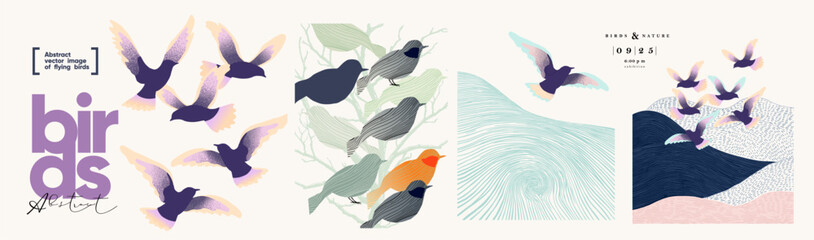 Birds. Vector abstract modern illustrations of birds in flight and sitting on tree for poster, flyer, brochure, cover or background © Ardea-studio