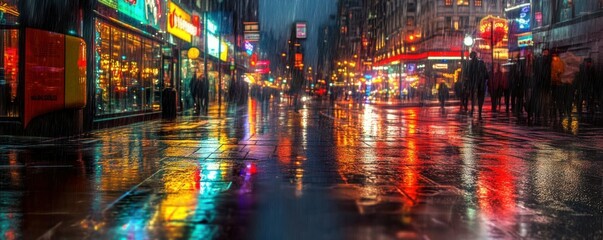 Vibrant urban street reflections at night with blurred neon lights in the rain