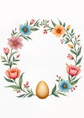 Vibrant Easter floral wreath with colorful egg and lush blossoms. Ideal for greeting cards, digital art, and festive compositions.
