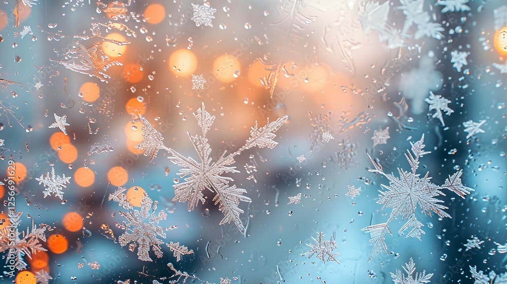 Poster Intricate frost and snowflake patterns on a window, with warm orange lights blurred in the background, creating a cozy and festive atmosphere. AI generated.